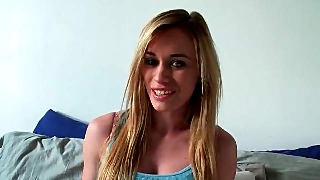 Blonde teen talks naughty and strips solo