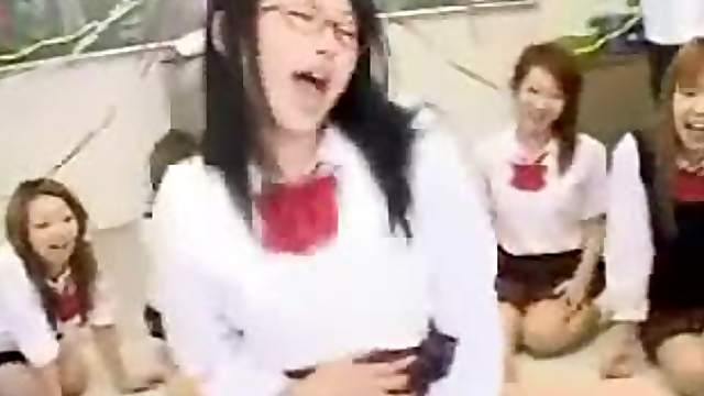 Japanese schoolgirls ride his cock