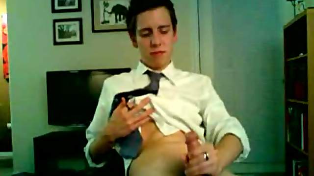 Tie and shirt on cute masturbating teen guy