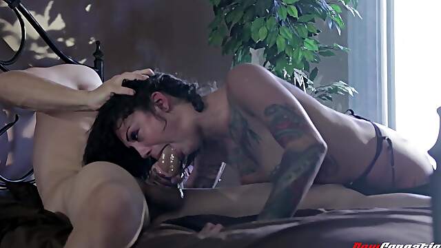 Dashing babe with sexy tattoos plays rough with the dick in merciless maledom