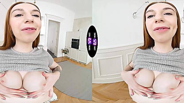 Redhead beauty Vilora Efi enjoys solo sex with her juicy peach, teasing in vr.