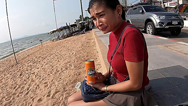Thai amateur babe rubs her phony juggs in HD POV while getting a steamy handjob on the bed